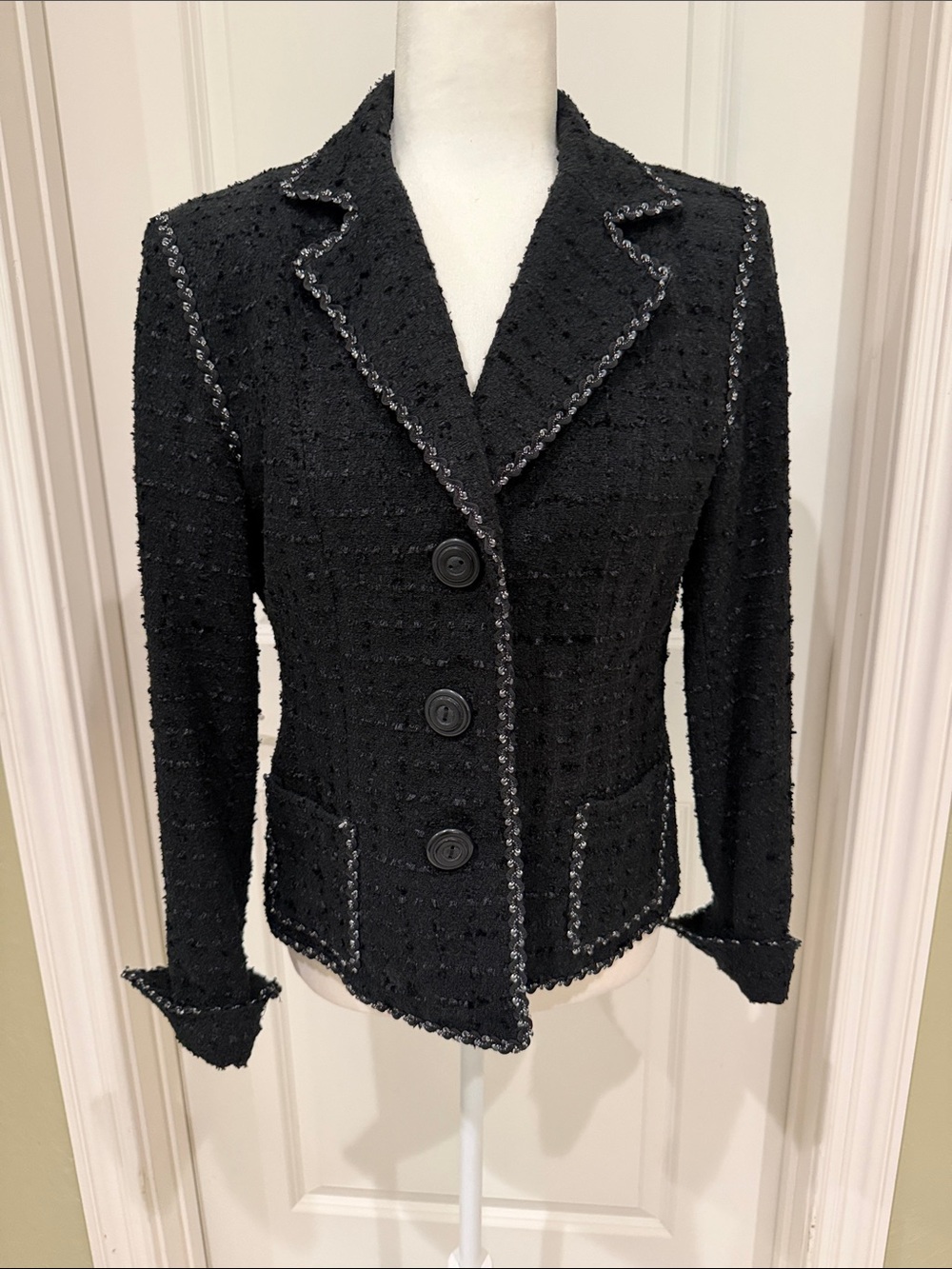CAbi Black Tweed Jacket with Decorative Trim